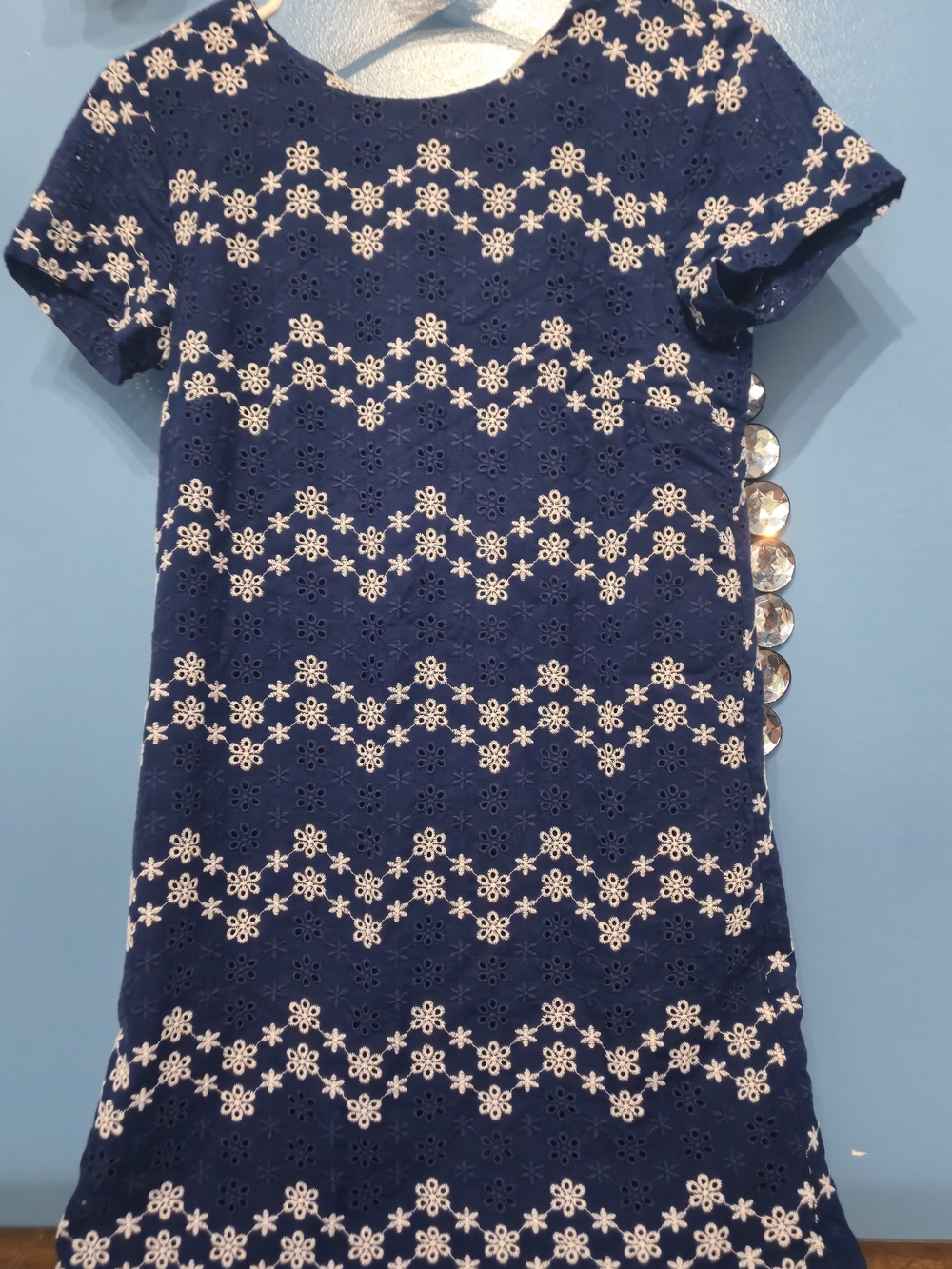 Navy Eyelet Floral Short-Sleeve Casual Dress
